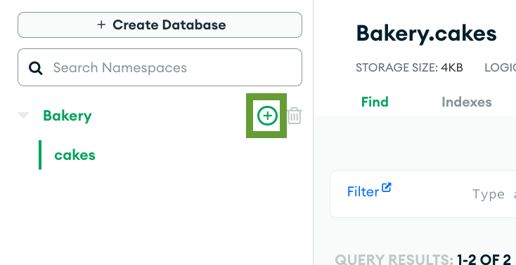 Databases section with the '+' sign to add a new collection highlighted