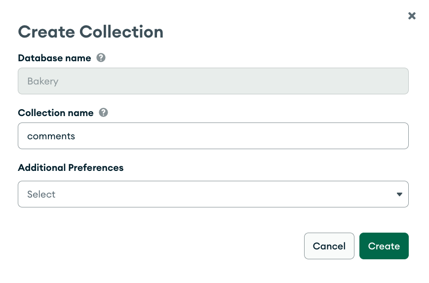 Create database dialog with the text 'comments' in the collection name field