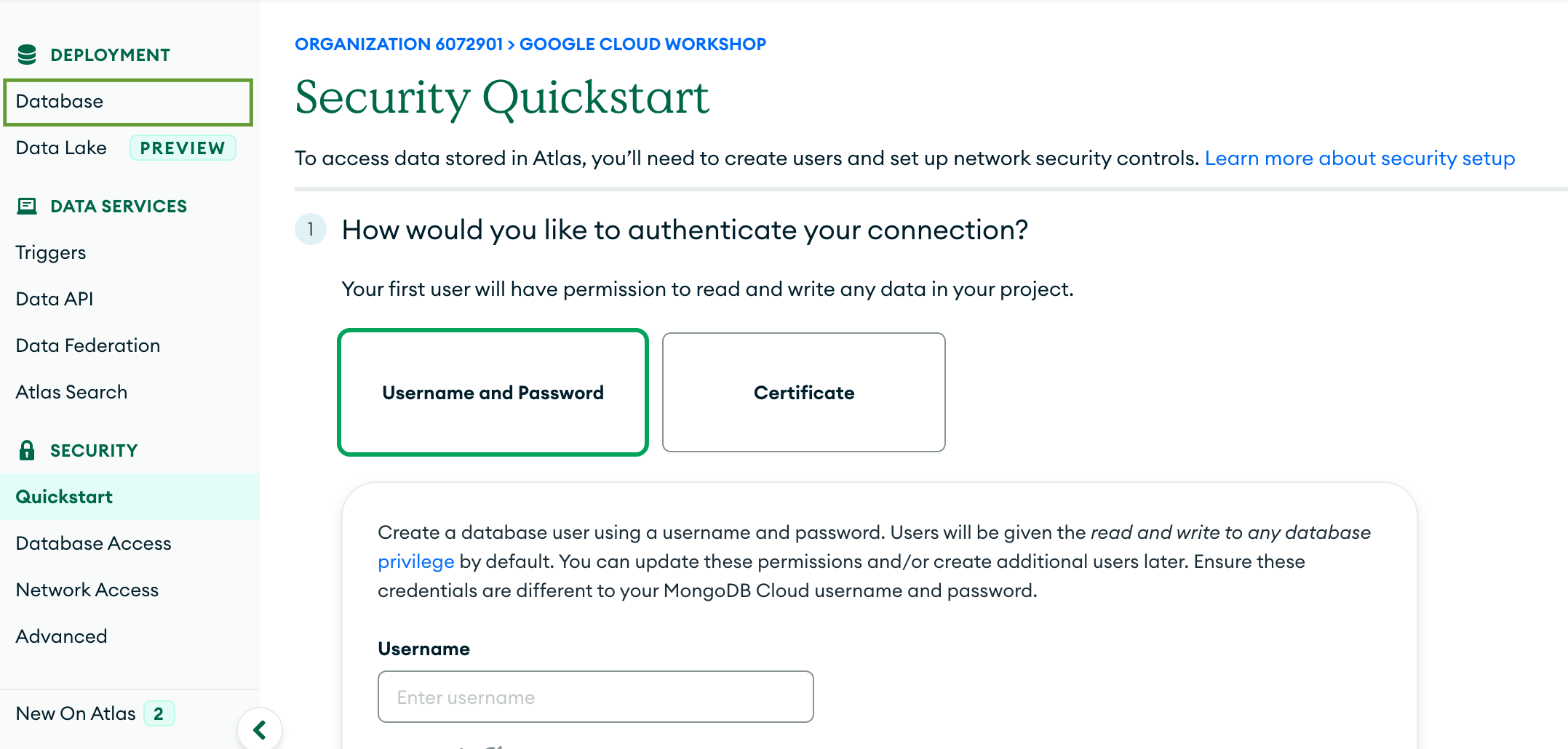 Security quickstart page highlighting the 'Database' tab in the left-hand menu