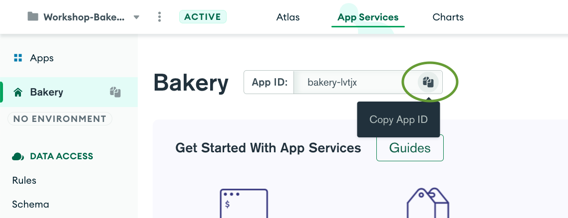App services page highlighting the 'App ID' copy button