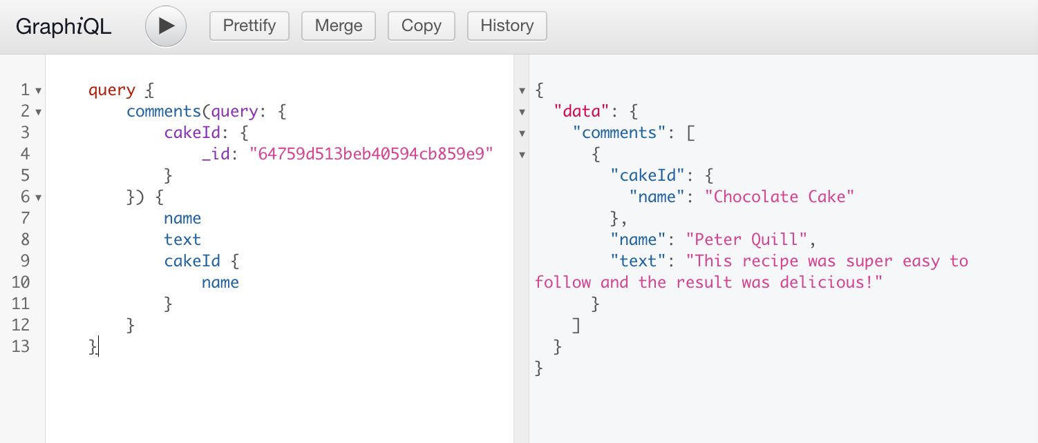 GraphQL request with the comments query (on the left) and the returned result (on the right)