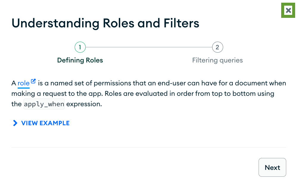 Helper popup explaining roles and filters in App Services with the close button highlighted