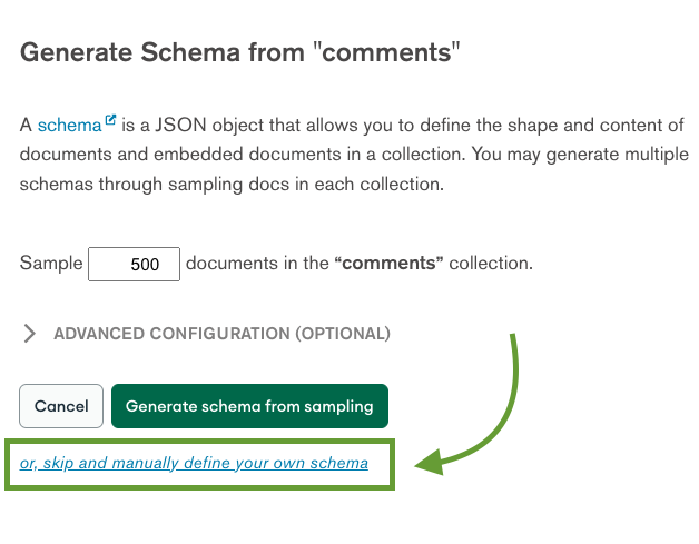 Generate a Schema window with the 'or, skip and manually define your schema' option highlighted