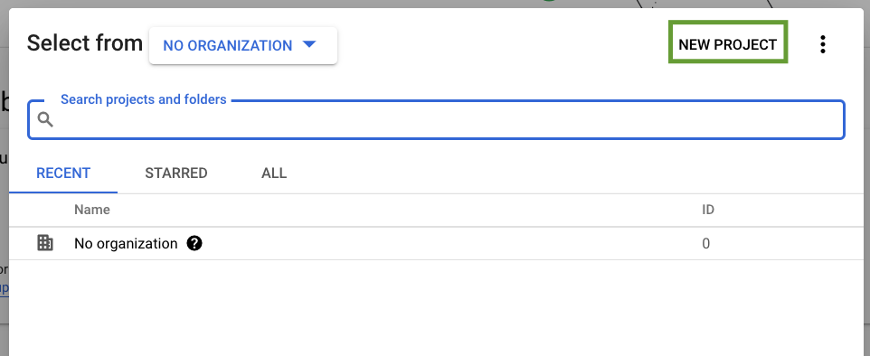 Dialog box in Google Cloud highlighting the 'New Project' button