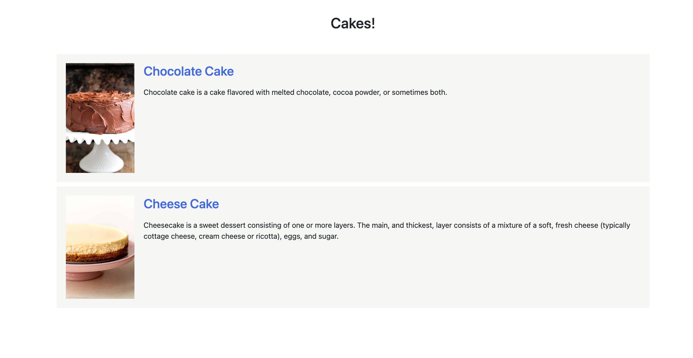 Bakery application displaying a list of cakes