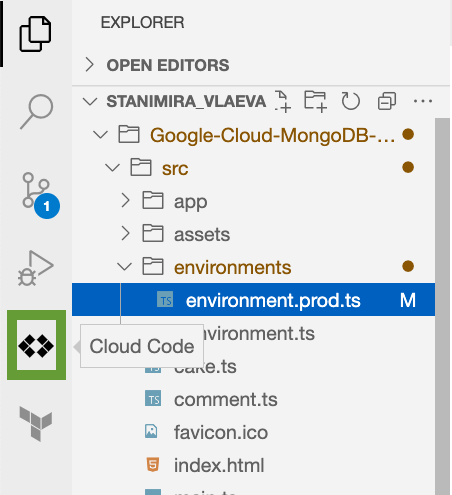 Left-hand menu in Cloud Shell highlighting the Cloud Code extension button